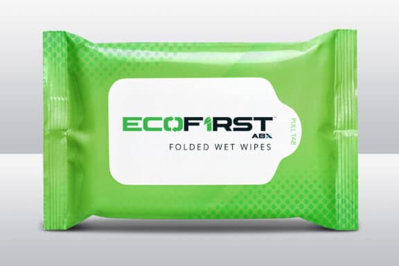 ecofirst wipes featuring peel and seal label on green flexible packaging